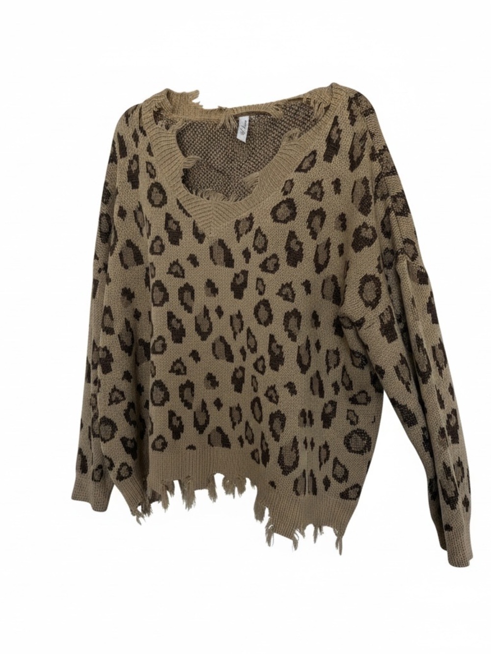Love Leopard Print Distressed V-Neck Sweater - Taupe & Brown